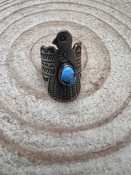 Golden Hills Turquoise Thunderbird Ring by Raymond Coriz - Size 8 - Cowhide and Conchos