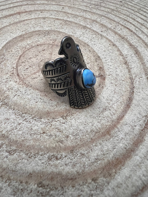 Golden Hills Turquoise Thunderbird Ring by Raymond Coriz - Size 8 - Cowhide and Conchos