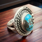 Gorgeous Turquoise Ring - Size 7, Signed Chapo - Cowhide and Conchos