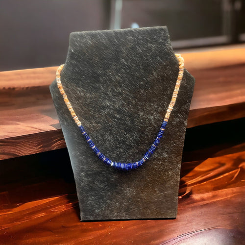 Graduated Lapis and Spiny Oyster Necklace - 22 inch - Cowhide and Conchos