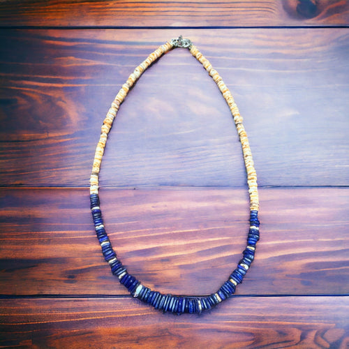 Graduated Lapis and Spiny Oyster Necklace - 22 inch - Cowhide and Conchos