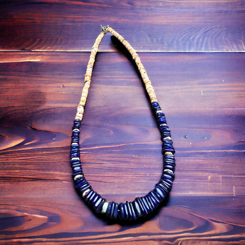 Graduated Lapis and Spiny Oyster Necklace - 22 inch - Cowhide and Conchos