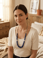 Graduated Lapis Necklace with Sterling Pearl & Hematite — 22 inch - Cowhide and Conchos
