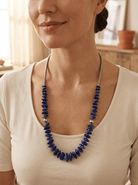 Graduated Lapis Necklace with Sterling Pearl & Hematite — 22 inch - Cowhide and Conchos