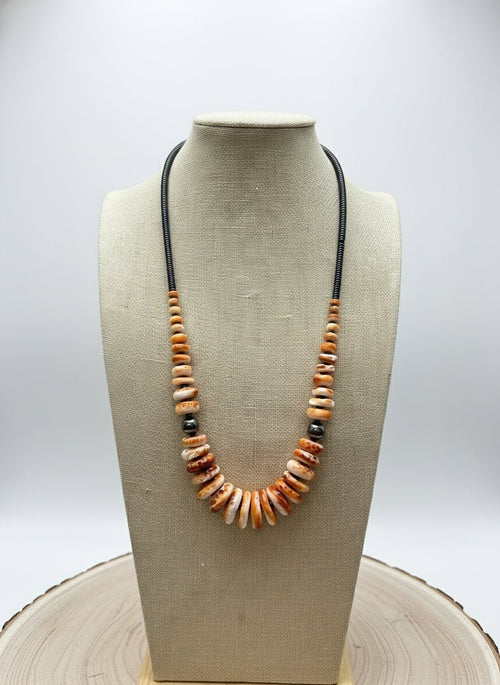 Graduated Orange Spiny Necklace with Sterling Silver Pearls - 23 inch - Cowhide and Conchos