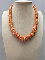 Graduated Orange Spiny oyster necklace with Sterling Melon beads - 18 inch + 3 - Cowhide and Conchos