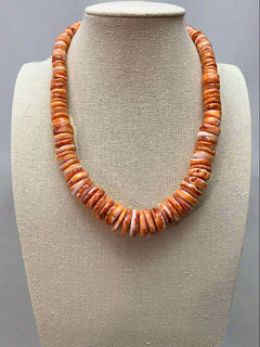 Graduated Orange Spiny oyster necklace with Sterling Melon beads - 18 inch + 3 - Cowhide and Conchos