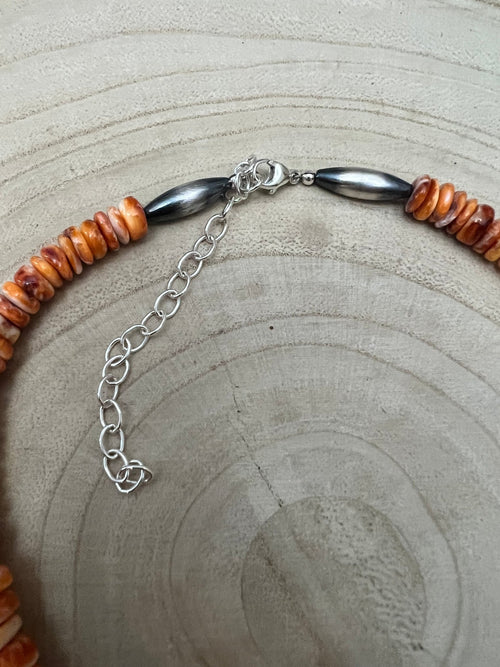 Graduated Orange Spiny oyster necklace with Sterling Melon beads - 18 inch + 3 - Cowhide and Conchos