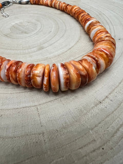Graduated Orange Spiny oyster necklace with Sterling Melon beads - 18 inch + 3 - Cowhide and Conchos