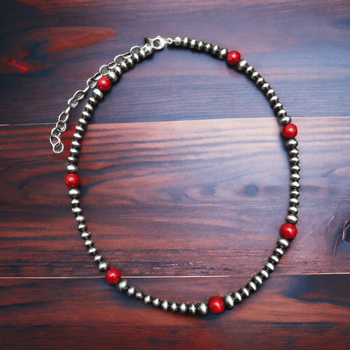 Graduated Sterling Pearl Choker Necklace with Coral - 14 inch - Cowhide and Conchos