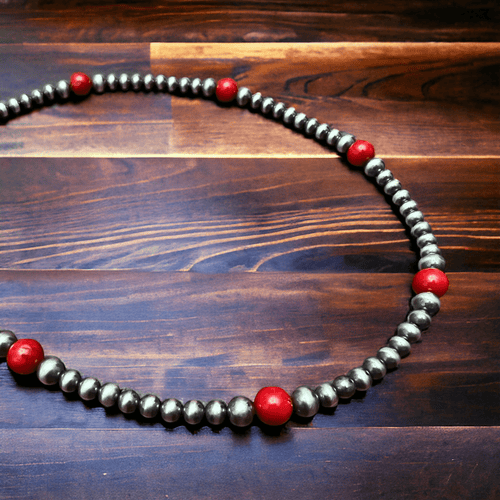 Graduated Sterling Pearl Choker Necklace with Coral - 14 inch - Cowhide and Conchos