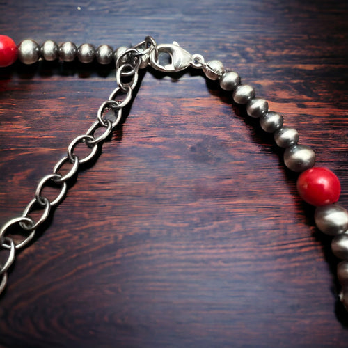 Graduated Sterling Pearl Choker Necklace with Coral - 14 inch - Cowhide and Conchos