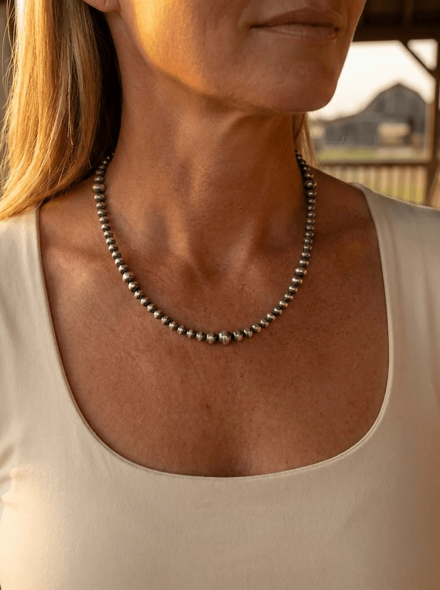 Graduated Sterling Pearl Necklace — 18 inch (4-5-6-8mm) - Cowhide and Conchos