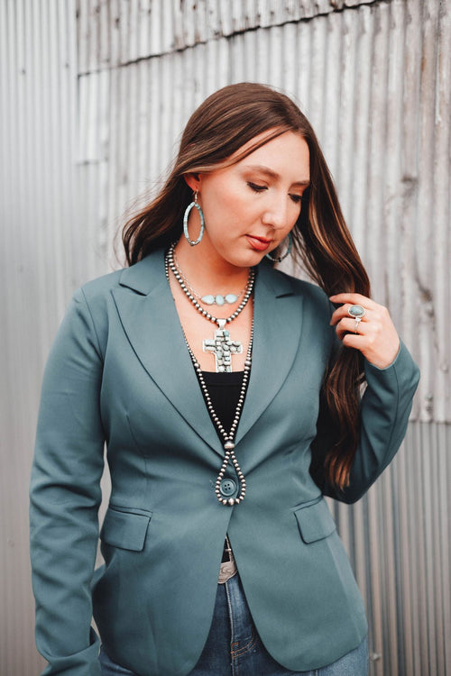 Graduated Sterling Silver Pearls Statement Necklace - 26 inch - Cowhide and Conchos