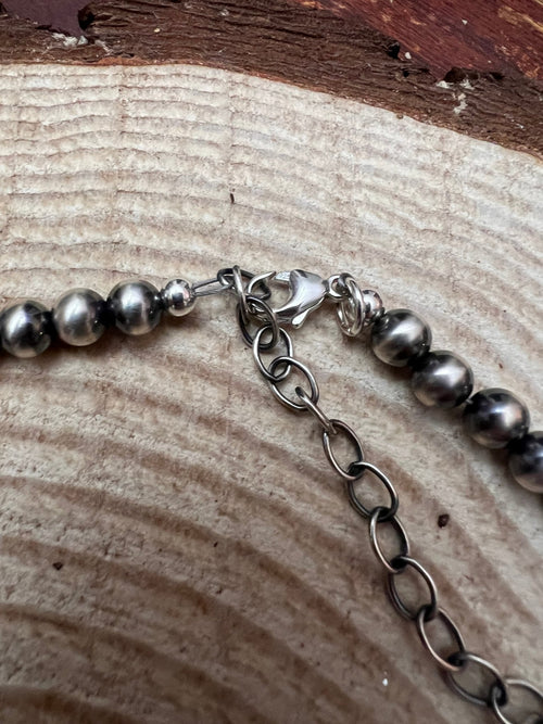 Graduated Sterling Silver Pearls Statement Necklace - 26 inch - Cowhide and Conchos