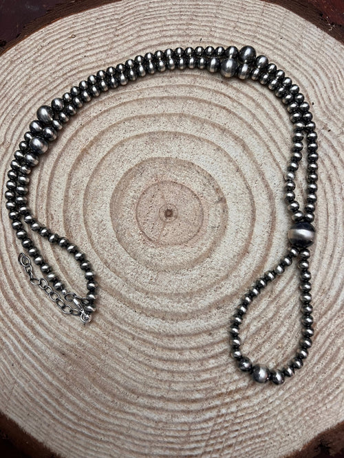 Graduated Sterling Silver Pearls Statement Necklace - 26 inch - Cowhide and Conchos