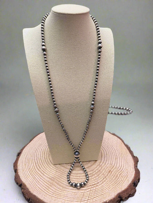 Graduated Sterling Silver Pearls Statement Necklace - 26 inch - Cowhide and Conchos