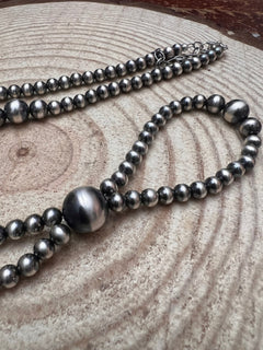 Graduated Sterling Silver Pearls Statement Necklace - 26 inch - Cowhide and Conchos