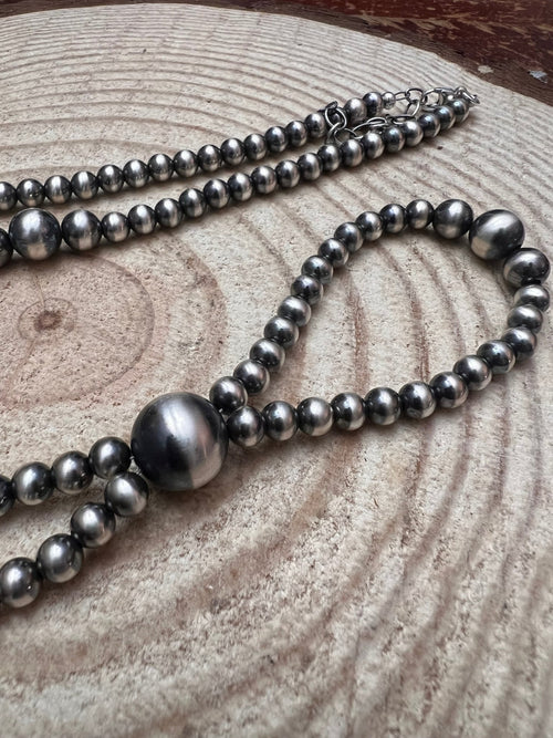 Graduated Sterling Silver Pearls Statement Necklace - 26 inch - Cowhide and Conchos