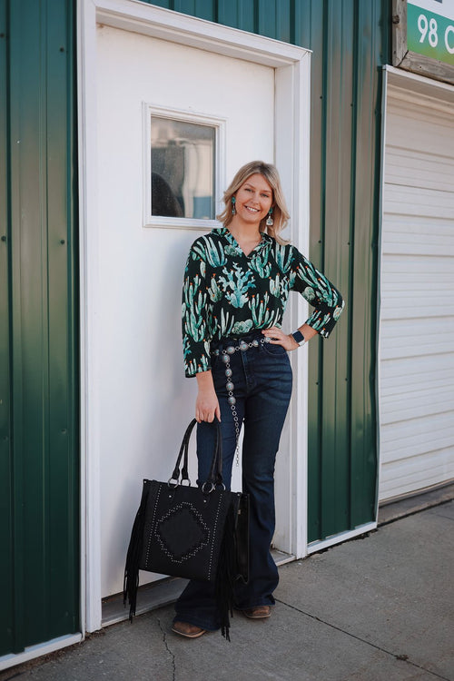 Green Cactus Bulgari V Neck Collared Top - Cowhide and Conchos
