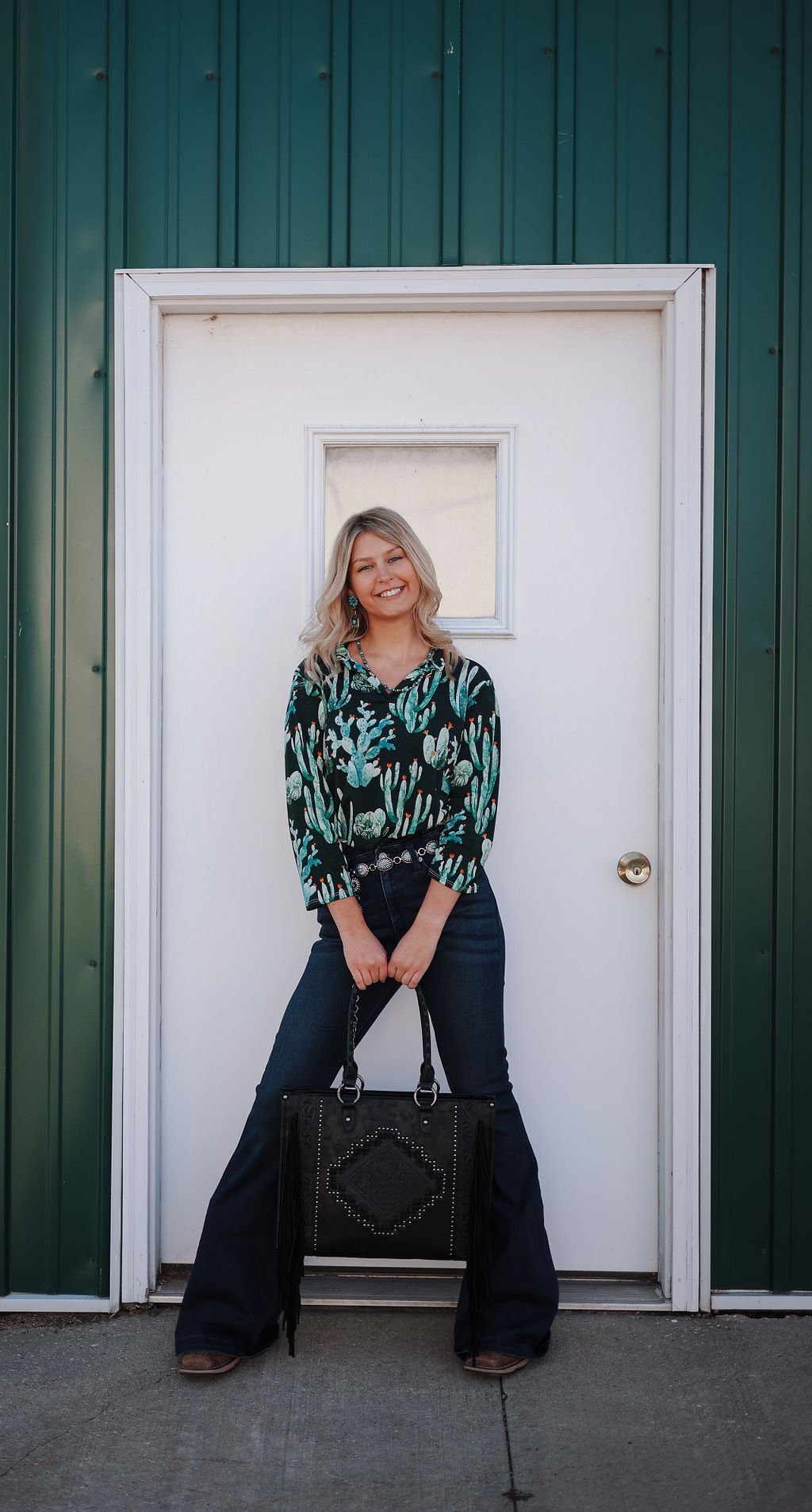Green Cactus Bulgari V Neck Collared Top - Cowhide and Conchos