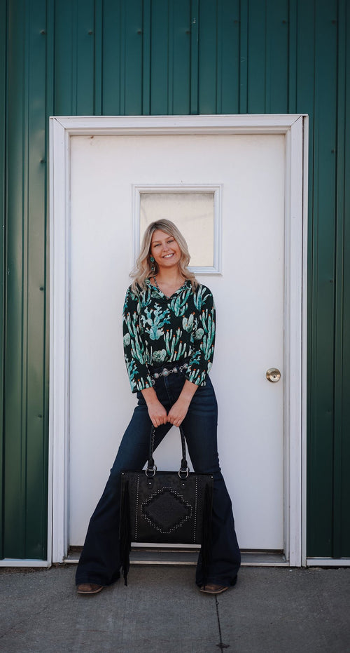 Green Cactus Bulgari V Neck Collared Top - Cowhide and Conchos