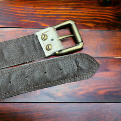 Hair on Hide Tan Brindle Leather Belt with Antique Belt Buckle - Large/XL - Cowhide and Conchos