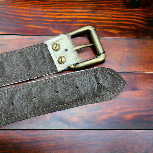 Hair on Hide Tan Brindle Leather Belt with Antique Belt Buckle - Large/XL - Cowhide and Conchos
