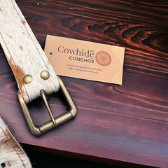 Hair on Hide Tan Brindle Leather Belt with Antique Belt Buckle - Large/XL - Cowhide and Conchos