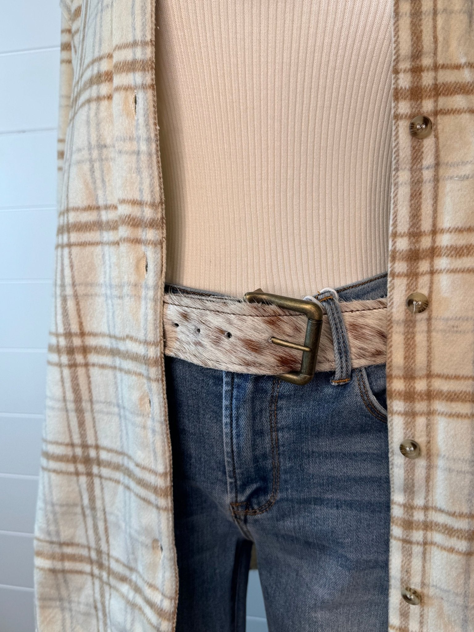Hair on Hide Tan Brindle Leather Belt with Antique Belt Buckle - Large/XL - Cowhide and Conchos
