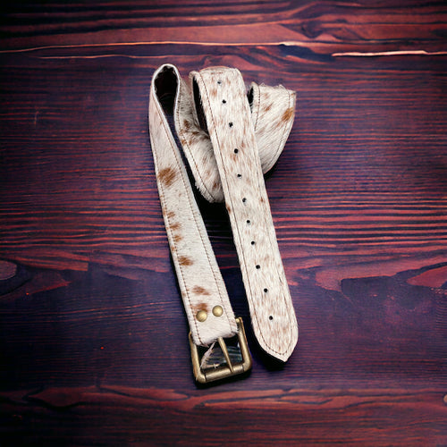 Hair on Hide Tan Brindle Leather Belt with Antique Belt Buckle - Large/XL - Cowhide and Conchos