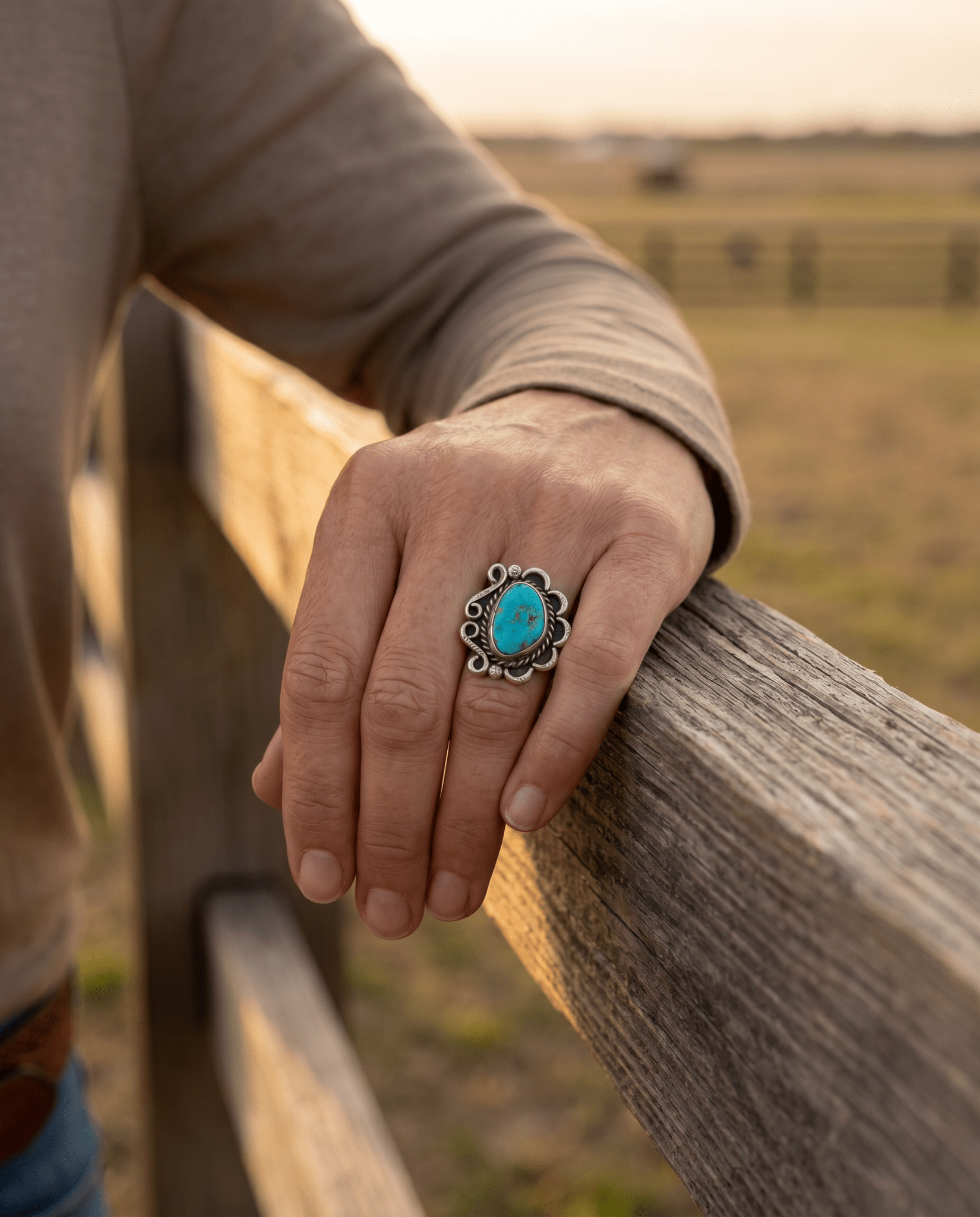 Hand-Stamped Sterling Silver Turquoise Cabochon Ring — Hallmark RJ, Size 7 (Vintage Native American) - Cowhide and Conchos