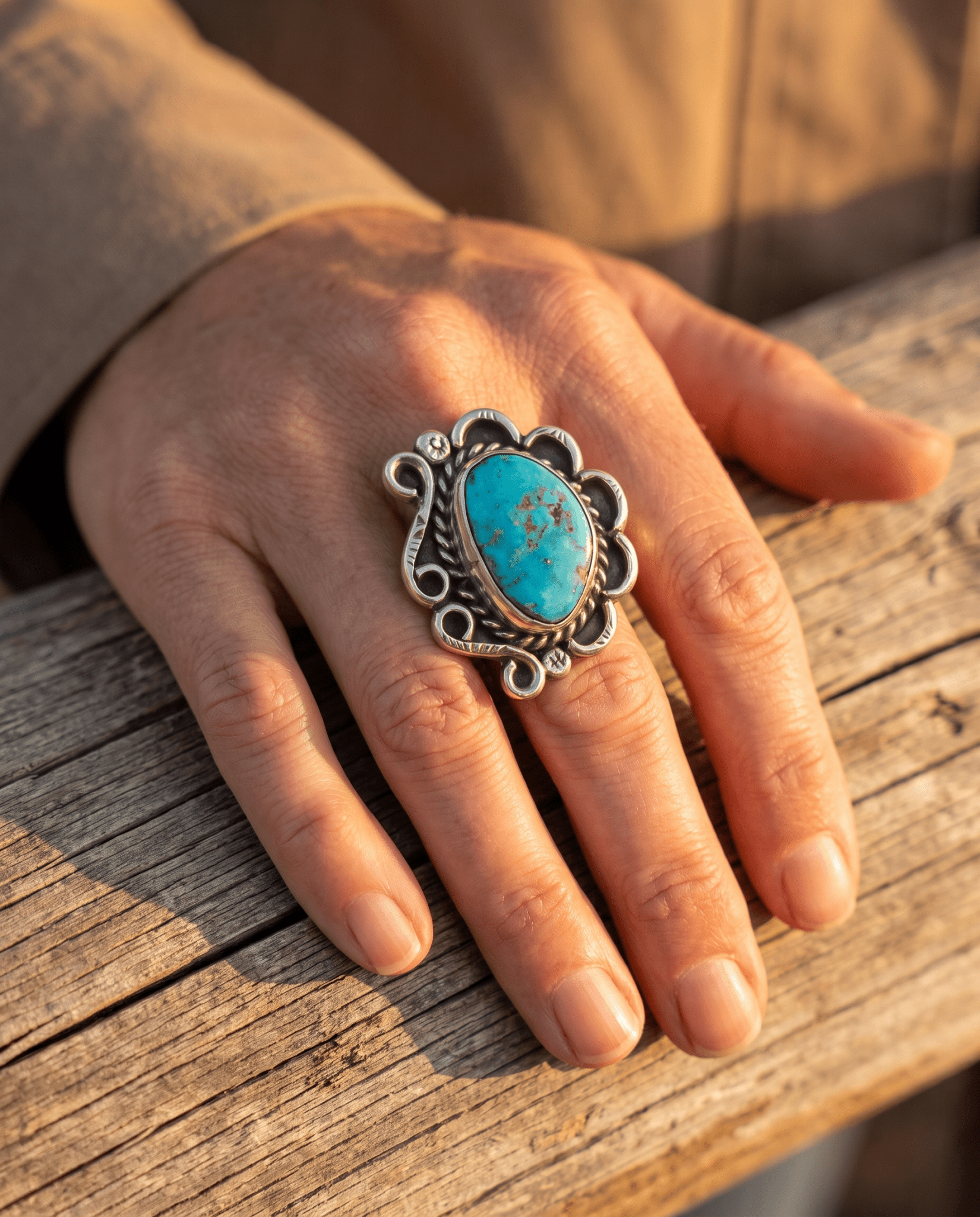 Hand-Stamped Sterling Silver Turquoise Cabochon Ring — Hallmark RJ, Size 7 (Vintage Native American) - Cowhide and Conchos