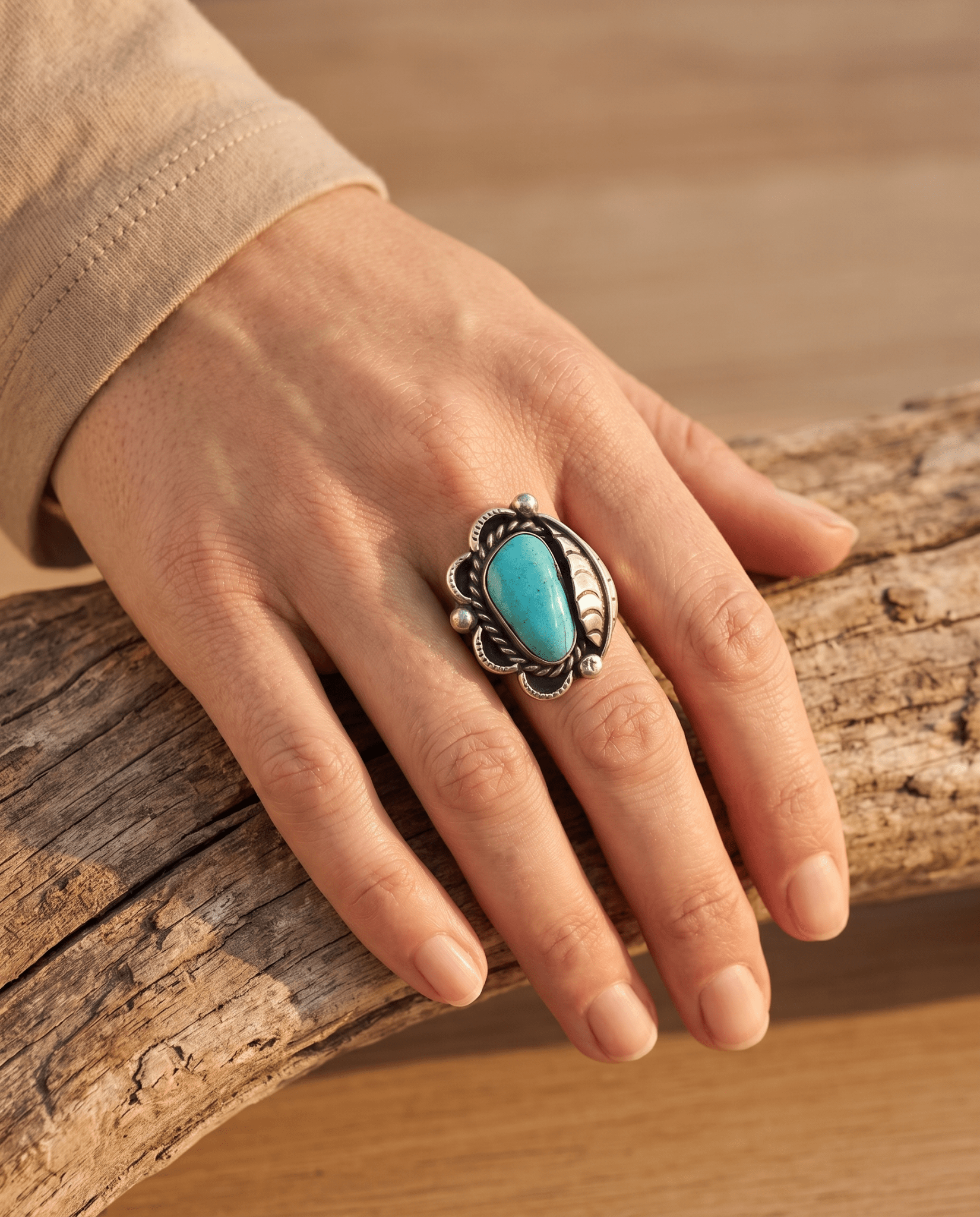 Hand-Stamped Sterling Silver Turquoise Cabochon Ring with Leaf Detail — Size 7 - Cowhide and Conchos