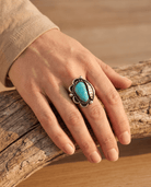 Hand-Stamped Sterling Silver Turquoise Cabochon Ring with Leaf Detail — Size 7 - Cowhide and Conchos