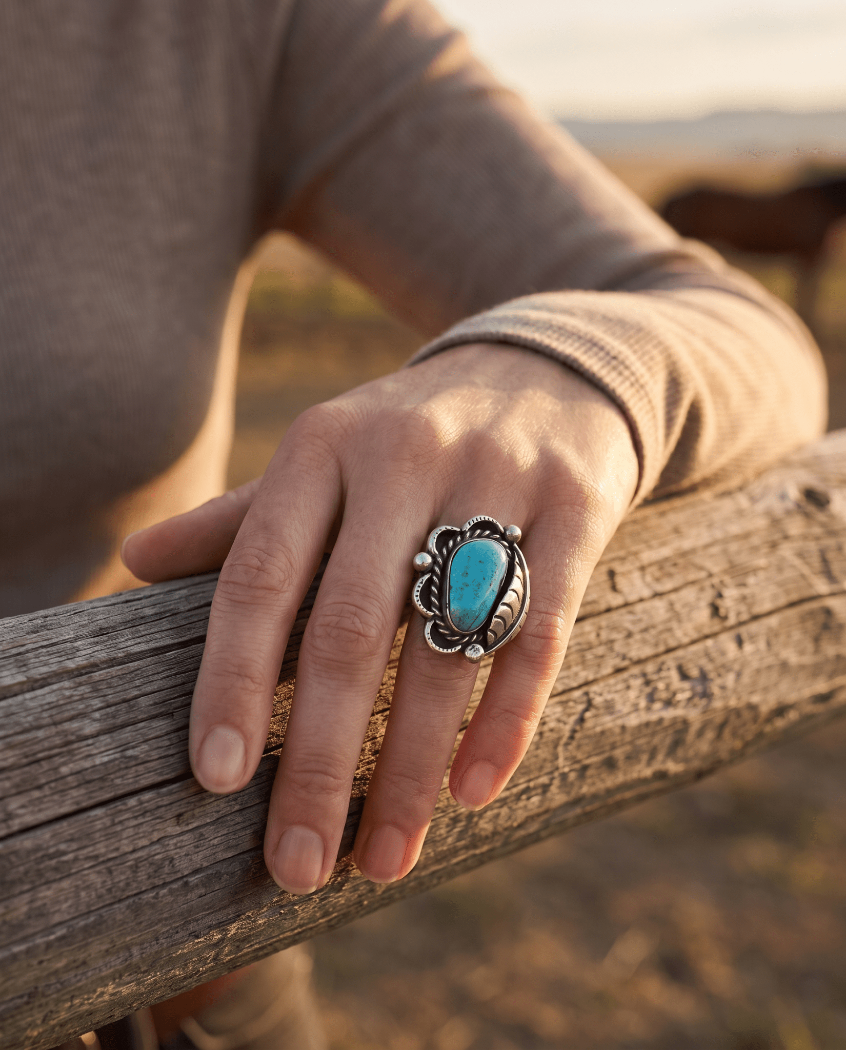 Hand-Stamped Sterling Silver Turquoise Cabochon Ring with Leaf Detail — Size 7 - Cowhide and Conchos