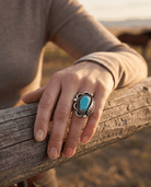 Hand-Stamped Sterling Silver Turquoise Cabochon Ring with Leaf Detail — Size 7 - Cowhide and Conchos