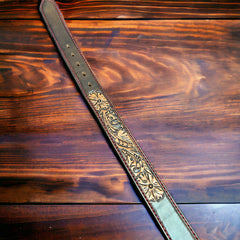 Hand Tooled Leather Belt - Will fit a 32 - 36 inch waist. - Cowhide and Conchos