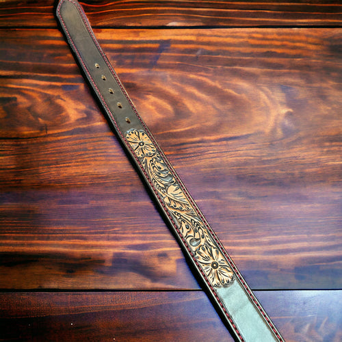 Hand Tooled Leather Belt - Will fit a 32 - 36 inch waist. - Cowhide and Conchos