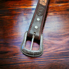 Hand Tooled Leather Belt - Will fit a 32 - 36 inch waist. - Cowhide and Conchos