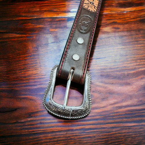 Hand Tooled Leather Belt - Will fit a 32 - 36 inch waist. - Cowhide and Conchos