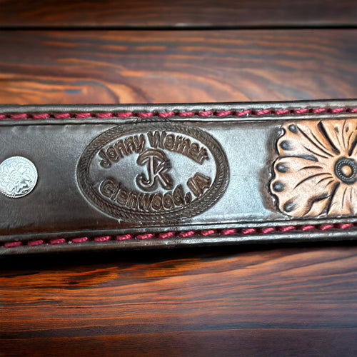 Hand Tooled Leather Belt - Will fit a 32 - 36 inch waist. - Cowhide and Conchos