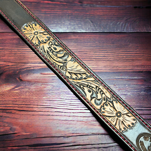 Hand Tooled Leather Belt - Will fit a 32 - 36 inch waist. - Cowhide and Conchos