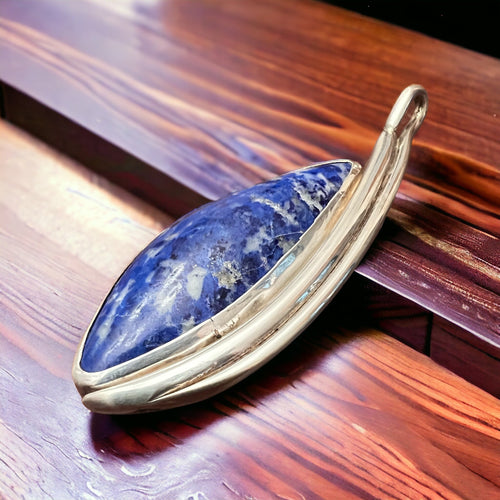 Handmade Lapis Pendant on Sterling Silver - Cowhide and Conchos