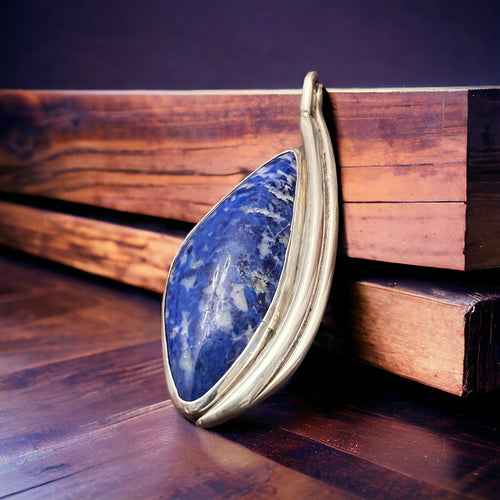 Handmade Lapis Pendant on Sterling Silver - Cowhide and Conchos