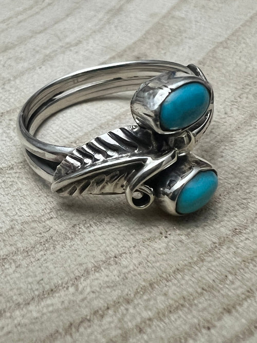 Harry Yazzie Navajo Handmade Kingman Turquoise Ring - Cowhide and Conchos