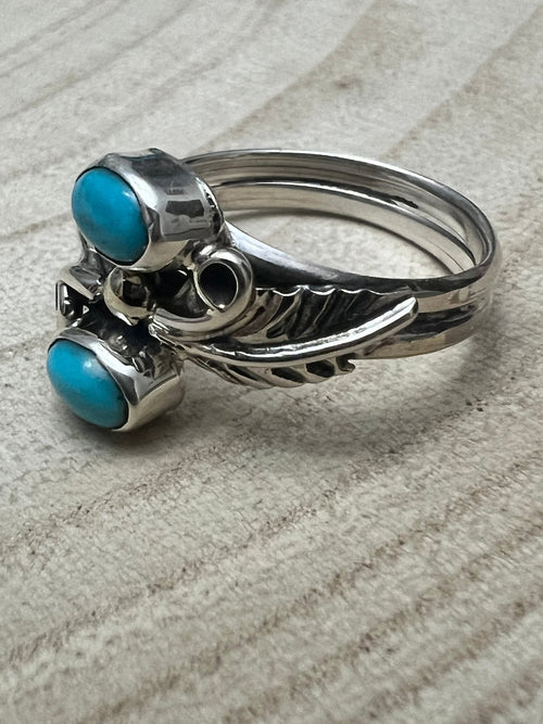 Harry Yazzie Navajo Handmade Kingman Turquoise Ring - Cowhide and Conchos