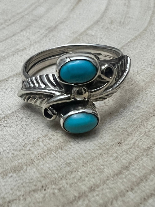 Harry Yazzie Navajo Handmade Kingman Turquoise Ring - Cowhide and Conchos