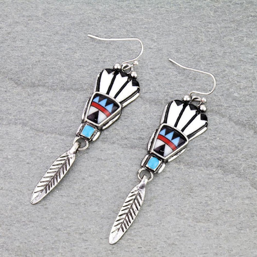 Headdress Feather Dangle Earrings - Cowhide and Conchos