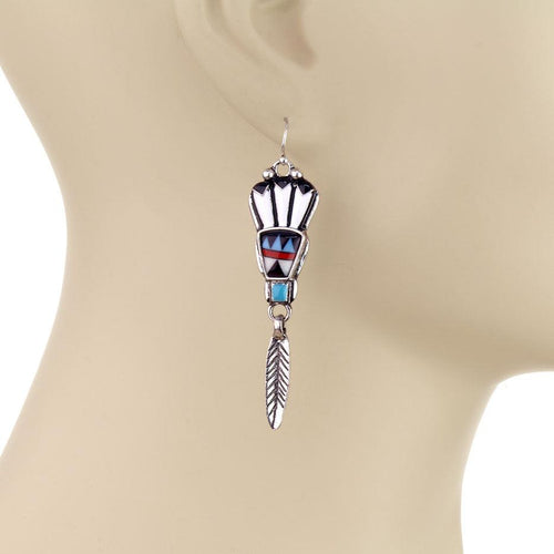 Headdress Feather Dangle Earrings - Cowhide and Conchos